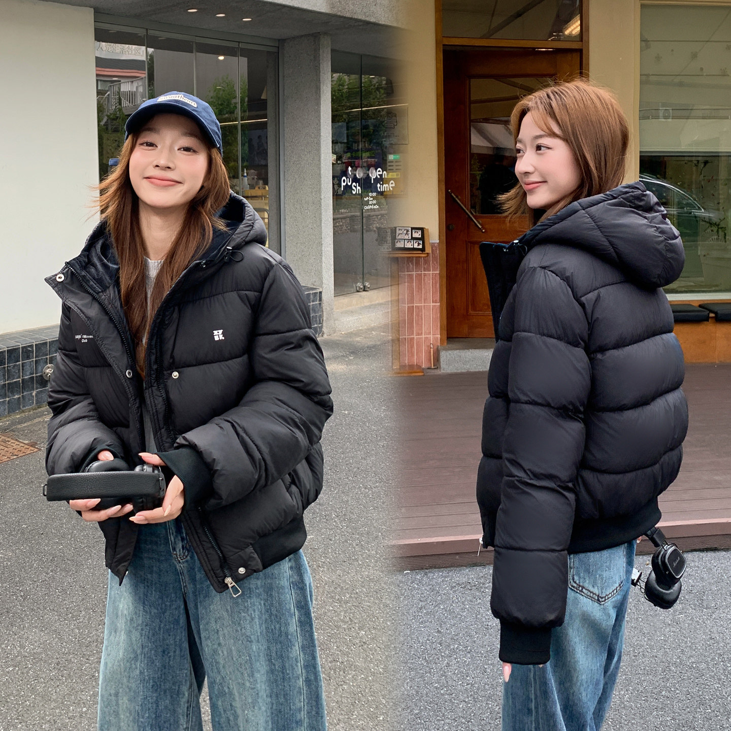 美式复古短款加厚连帽羽绒棉服女
