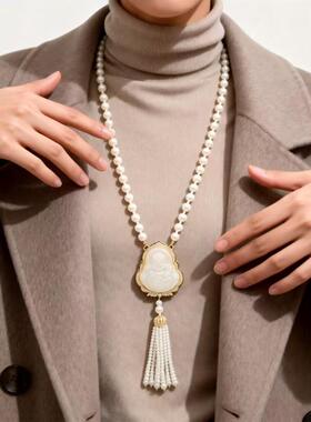 新中式国风串珠佛祖珍珠项链仿玉髓长秋冬毛衣链简约百搭配饰流苏