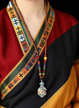 新中式国风唐装民族风复古男女长款毛衣链菩提木珠项链藏式配饰