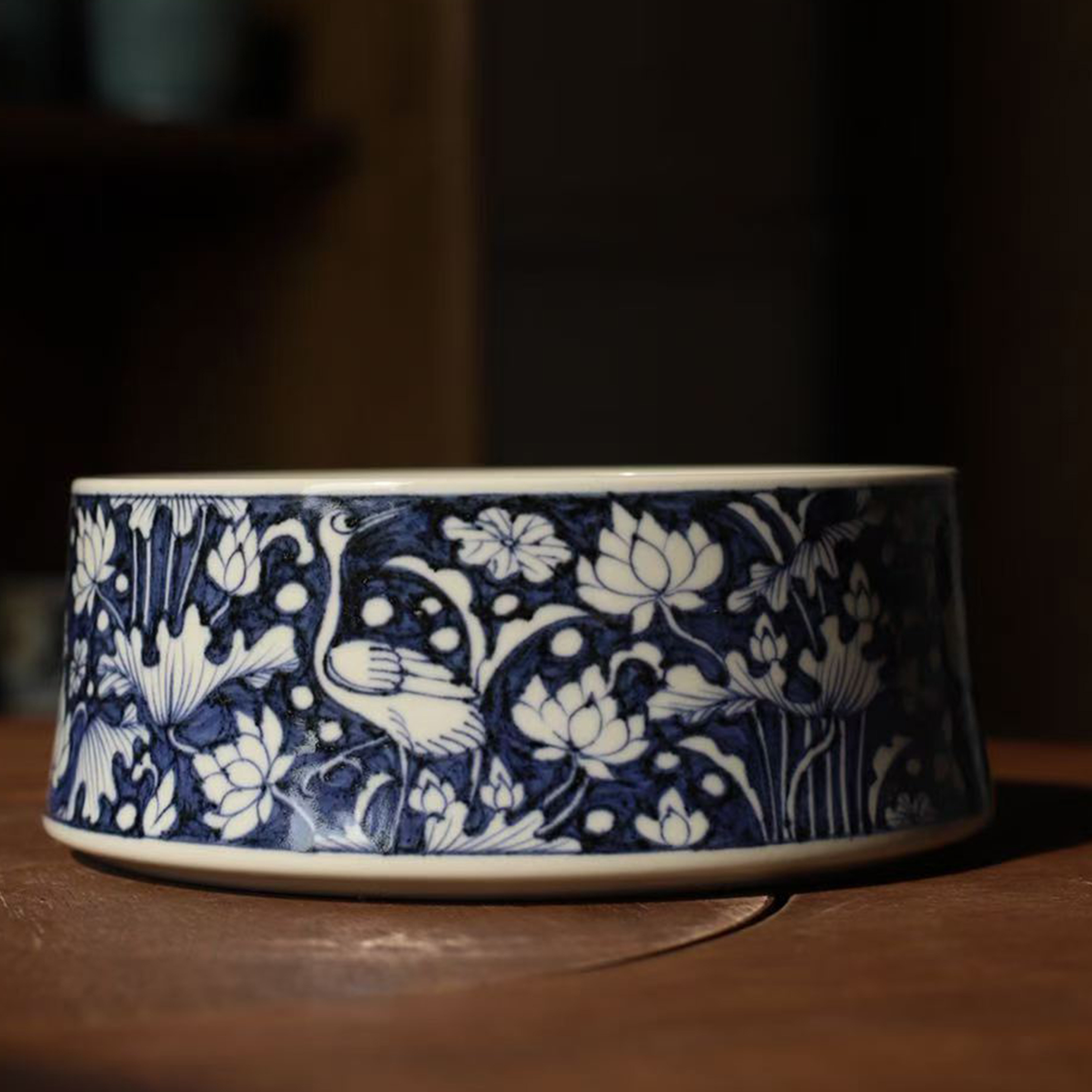 观青窑仿元青花工艺一鹭莲科纹水茶道/零配