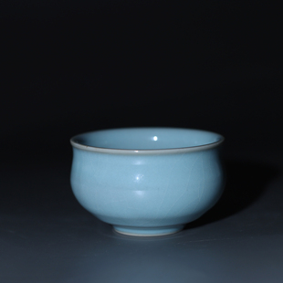 朱文立作品天青釉汝官瓷手签款茶盏朱氏汝瓷仿宋茶盏主人杯