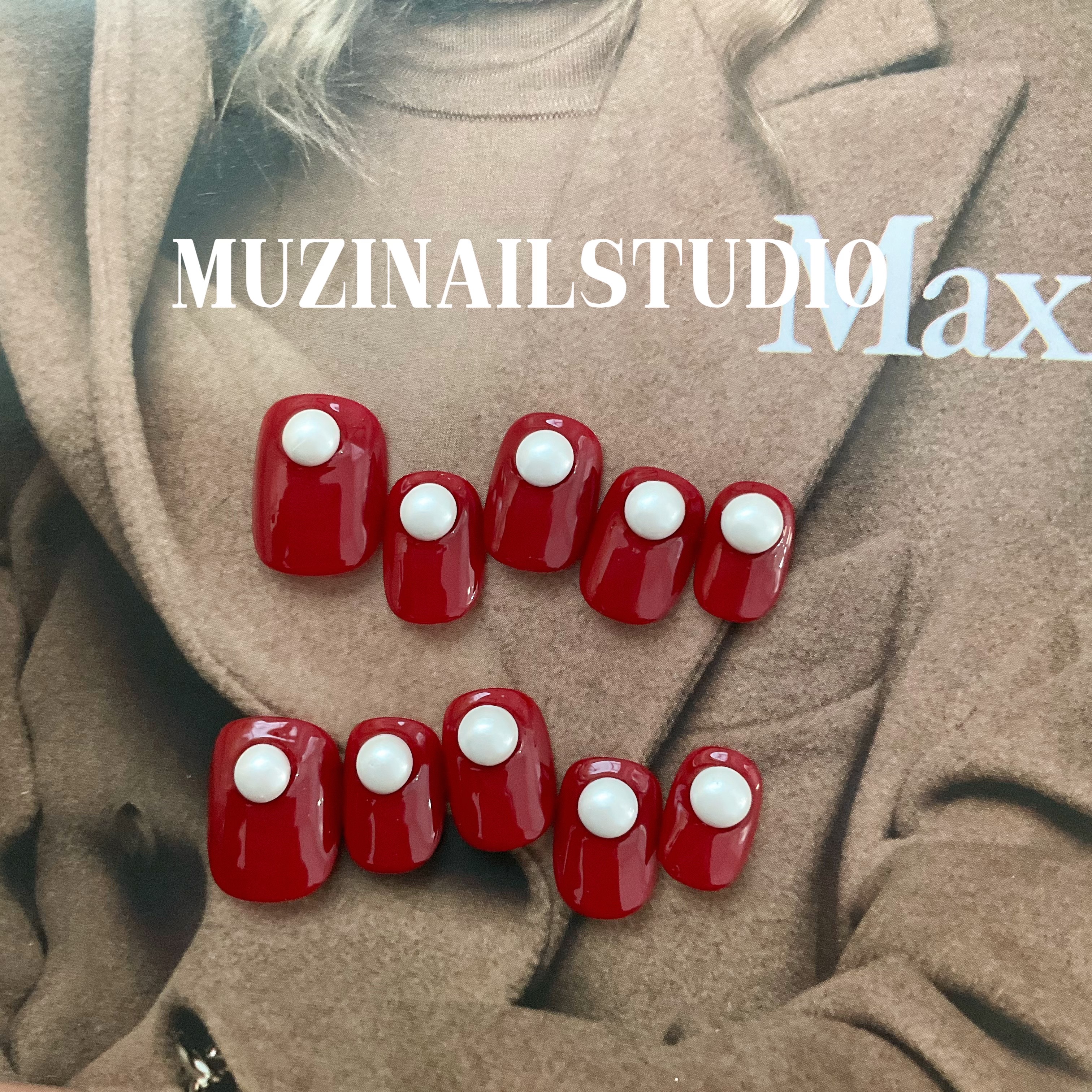 【MUZI穿戴甲】红色珍珠手工定制美甲小众秋冬新款ins风穿戴甲