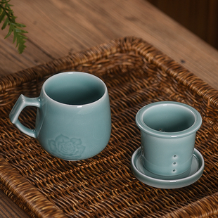 青瓷牡丹陶瓷同心杯马克杯带盖过滤办公室茶水分离泡茶杯子定制