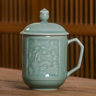 青瓷茶杯仿古带盖陶瓷山水办公会议杯茶馆酒店餐饮足浴店专用定制