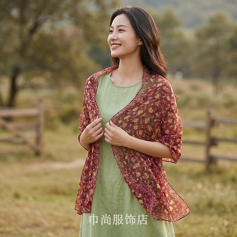 夏季枣红色复古碎花长条丝巾