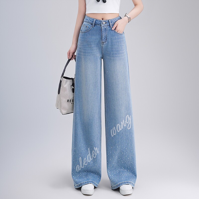 蓝色烫钻阔腿牛仔裤女2026春秋新款高腰垂感显瘦遮肉休闲直筒长裤