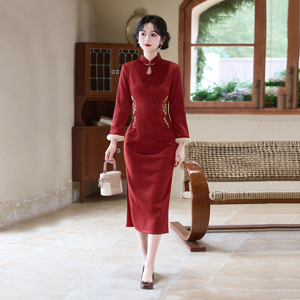 针织新中式红色加绒旗袍女长袖复古风改良年轻款婚礼敬酒服中长裙,女装/女士精品,旗袍,淘宝优惠券,粉丝福利购,淘宝优惠卷