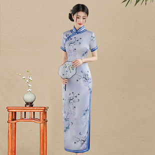 仿丝绸新中式复古风改良版旗袍女长款日常气质素雅花色斜襟连衣裙