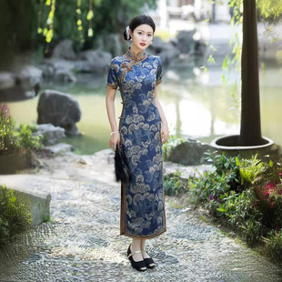 仿醋酸复古风中国风长旗袍女新款日常复古改良版气质连衣裙高开衩