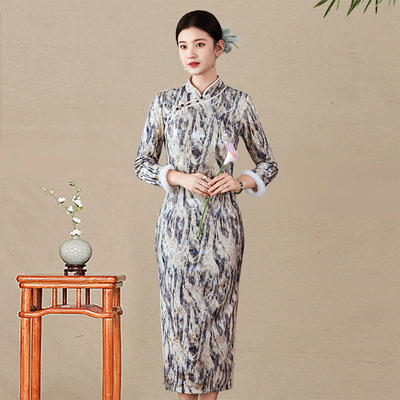 丝绒加绒加厚长袖旗袍