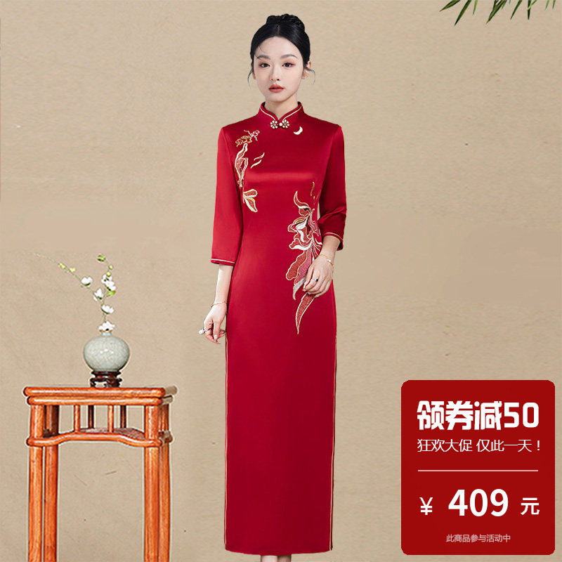 醋酸缎新中式红色长袖旗袍裙女高端刺绣婚礼妈妈装修身礼服喜婆婆