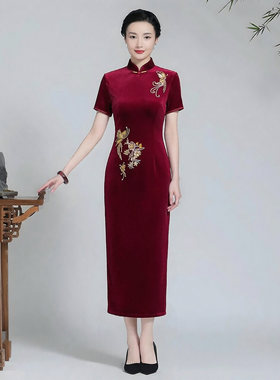 刺绣红色丝绒旗袍长款喜婆婆妈妈适合参加婚礼婚宴装2026新款秋冬