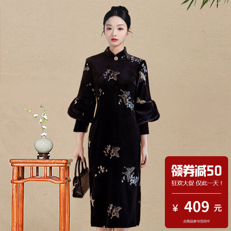 黑色刺绣金丝绒加绒加厚旗袍