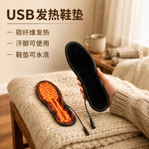 新款USB发热鞋垫可用充电宝供电