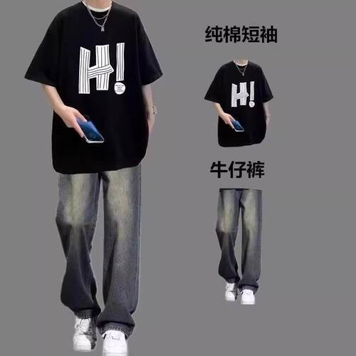 牛仔裤夏季纯棉短袖字母印花休闲运动套装裤子男生时尚痞帅五分袖