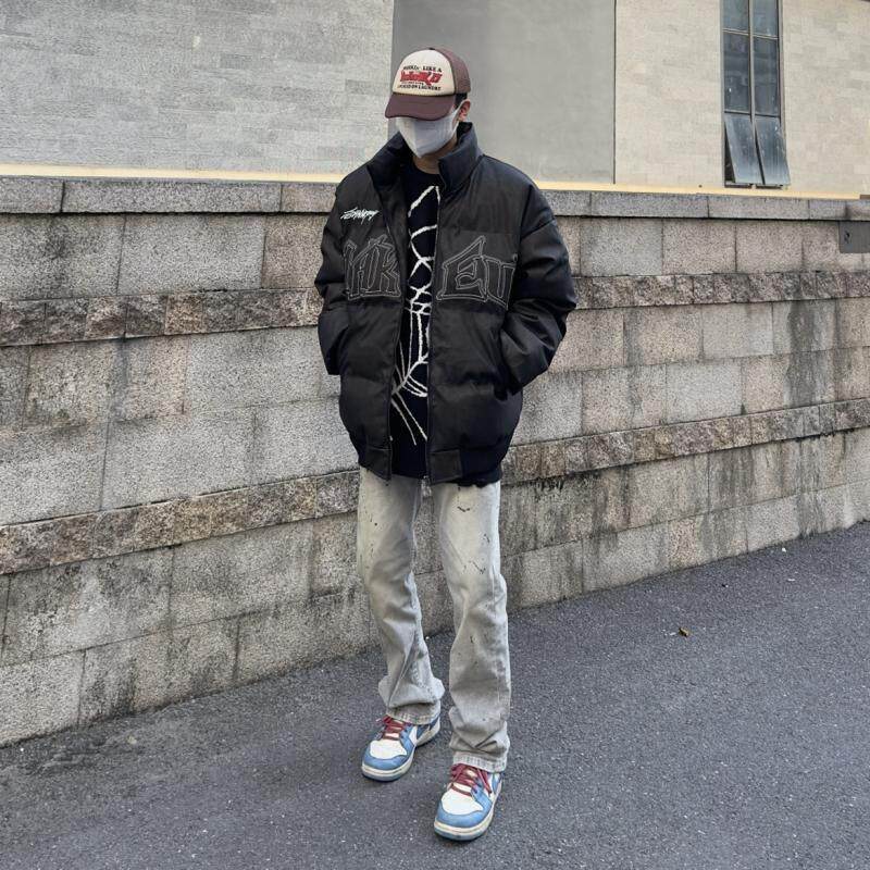 美式小众街头PU皮棉衣棉服秋冬加厚oversize宽松情侣保暖气质外套