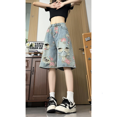 破洞牛仔短裤女2025新款夏季外穿运动中裤子宽松休闲大码五六分裤
