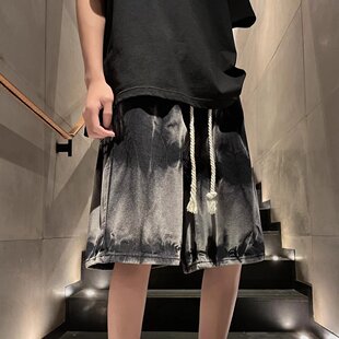 黑色扎染牛仔短裤男夏季潮流百搭oversize美式高街vibe直筒裤子男
