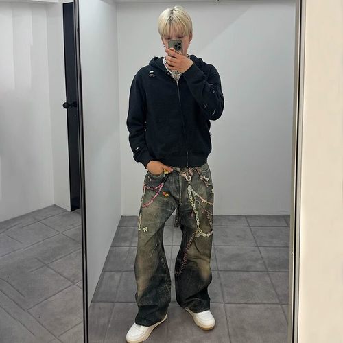 Ac风格25ss 1981M数码印花糖果裤链牛仔裤水洗做旧休闲直筒阔腿裤