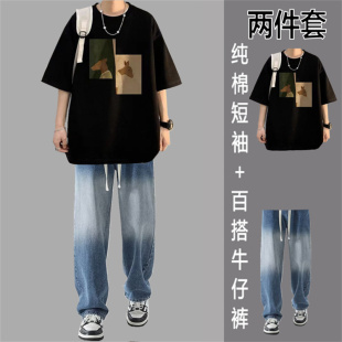 夏季男士纯棉短袖印花男T恤休闲运动套装学生宽松ins裤子韩版男生