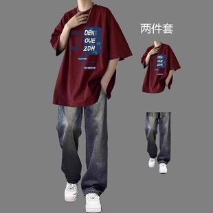 纯棉短袖T恤青年男牛仔裤休闲运动套装夏装百搭宽松潮流帅气学生