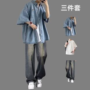 休闲运动套装牛仔短袖衬衣立领夏款男韩版日系宽松潮流学生五分袖