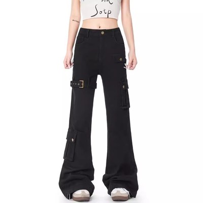 夏季白色绑带微喇牛仔裤女cleanfit美式高街vibe喇叭修身工装裤子