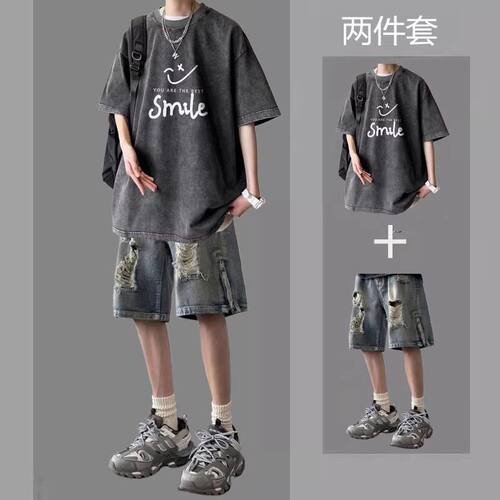 男纯棉短袖印花夏季水洗棉休闲运动套装男士男生潮流韩版牛仔短裤