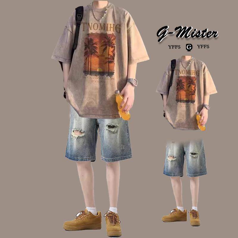 男夏季圆领纯棉短袖牛仔短裤休闲运动套装裤子ins男生个性印花潮