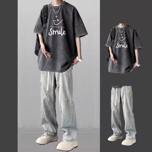 纯棉短袖不起球夏季印染休闲运动套装运动帅气休闲百搭牛仔裤男士