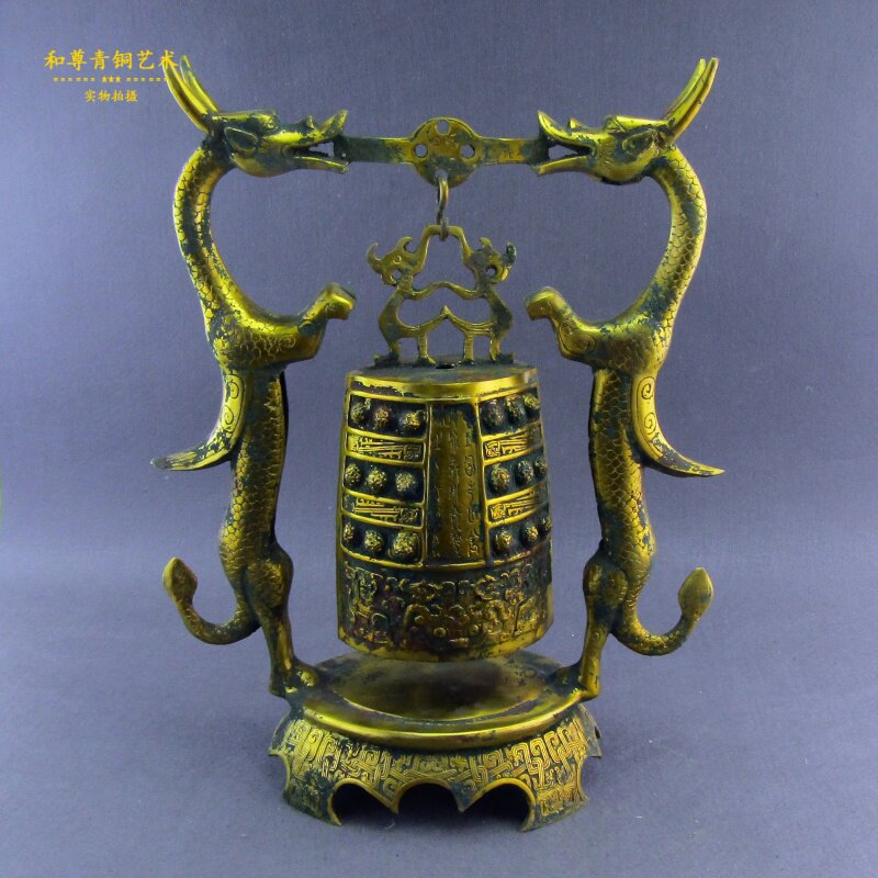 仿古青铜器双龙钟鎏金工艺礼品家居摆件桌面摆设包邮别墅装修