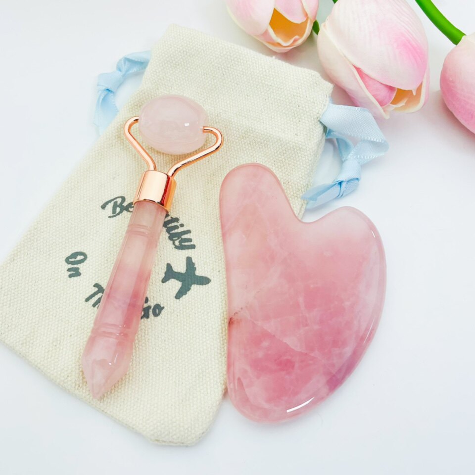 出口外贸天然粉晶刮痧板按摩棒面部眼周穴位按摩刮痧玉石美容套装