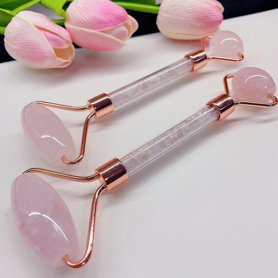 厂家新品天然玉石水晶碎石杆滚轮按摩器面部提拉推脸专用少女粉色