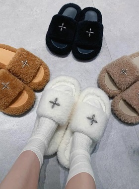 羊羔毛～25款白色十字花SM毛毛拖鞋女外穿保暖厚底增高一字拖鞋女