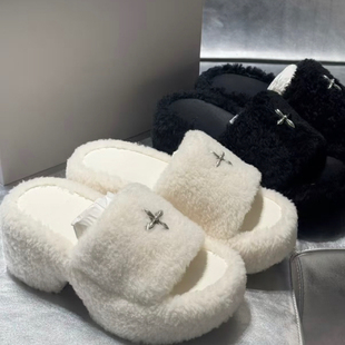 毛毛拖鞋 羊羔毛 英同款 张元 女外穿厚底十字架防滑一字拖 25年新款