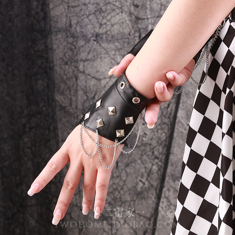暗黑朋克哥特柳钉链条半掌皮手套