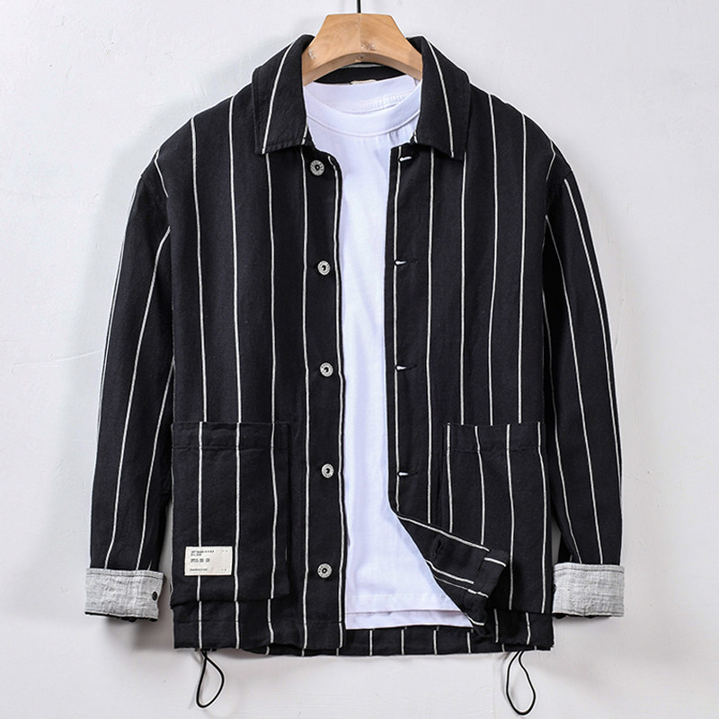 亚麻条纹衬衫式夹克外套男薄款休闲夏季宽松翻领复古棉麻上衣痞帅