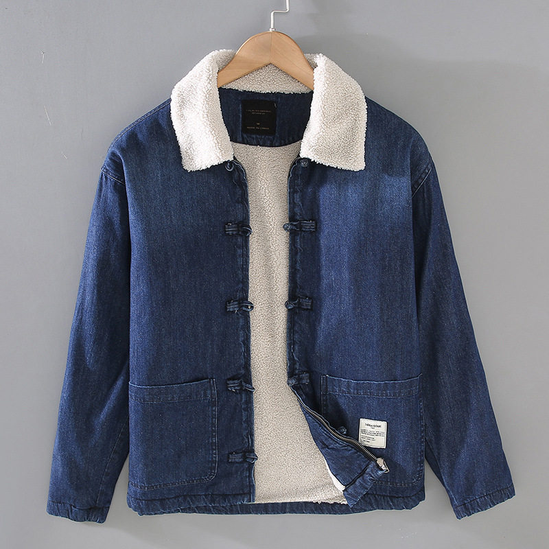 羊羔绒牛仔外套男装冬季加绒加厚保暖中国风上衣盘扣复古夹克棉衣