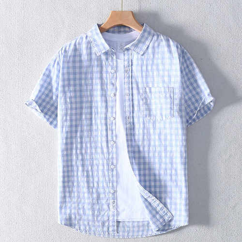 日系复古薄款宽松休闲格子半袖