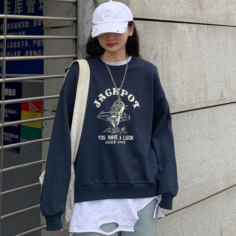 Real shot no hat sweater chic2021 loose Korean fashion