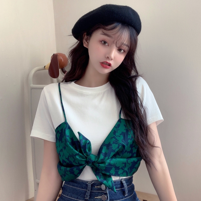 Real shooting summer new sling short sleeve T-shirt fake two piece set stitching design women's minority jacket