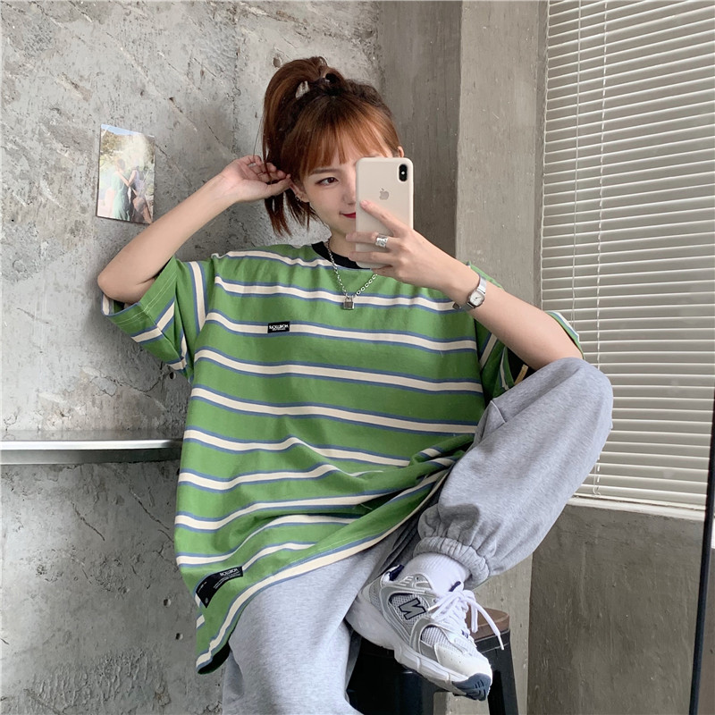 Real shooting summer Korean loose harbor style green stripe tide brand short sleeve T-shirt super fire top girl