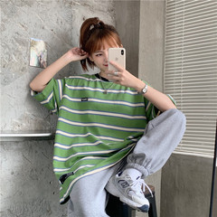 Real shooting summer Korean loose harbor style green stripe tide brand short sleeve T-shirt super fire top girl