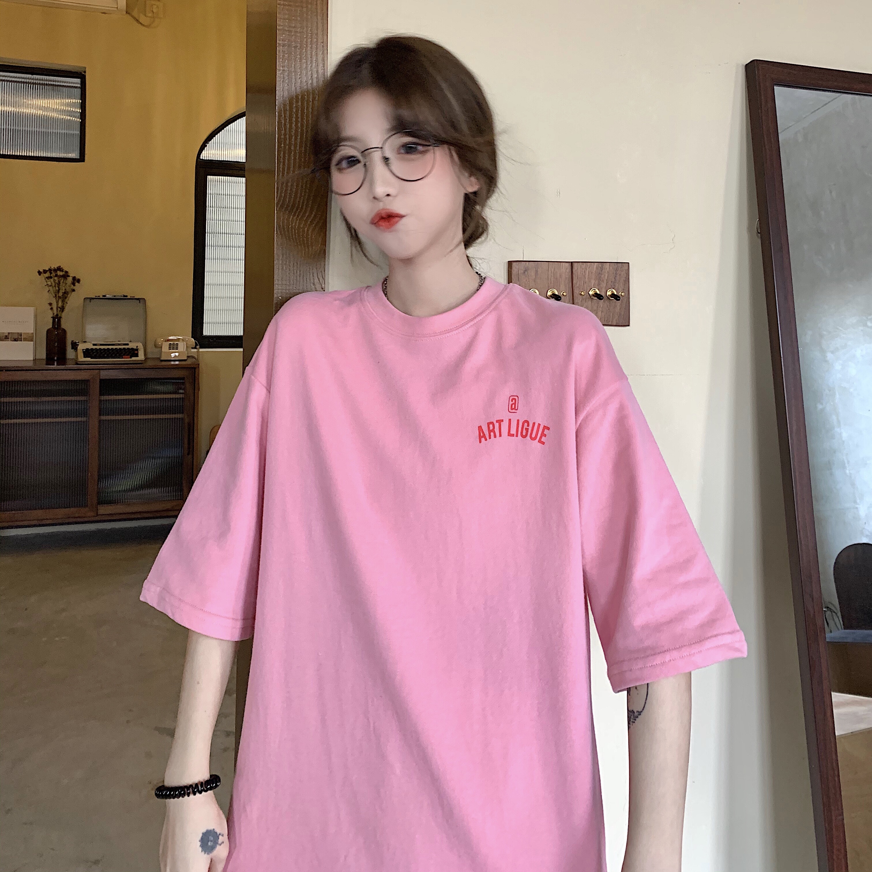 實拍 長款字母印花短袖女