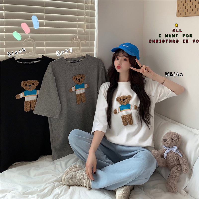 Real shot bear short sleeve t-shirt female 2021 loose Korean version ins Xiaozhong sweet cool design