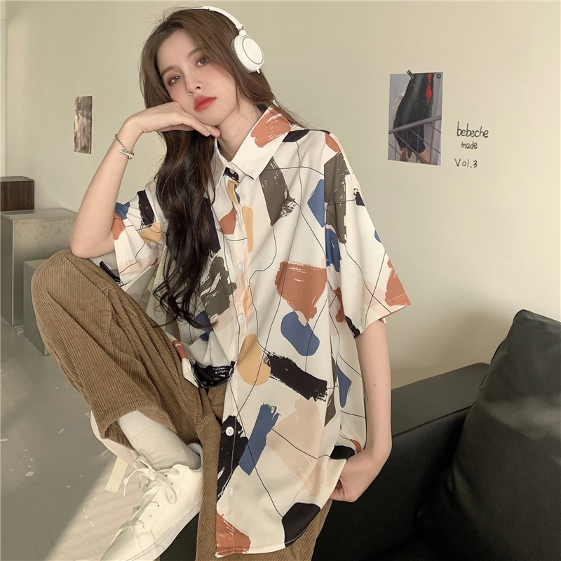 Real shot short sleeve printed shirt sweet cool dimensional girl Retro Art Hand Painted shirt trend