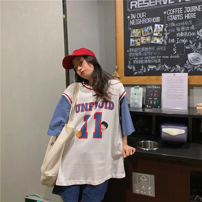 Real shot fake two women's top sports basketball suit short sleeve summer Korean loose BF style T-shirt girlfriends