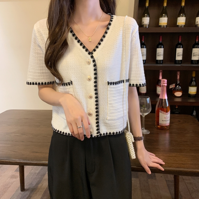 #White cardigan V-neck short sleeve ice silk sweater