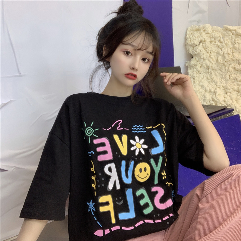 Cute cartoon graffiti print short sleeve T-shirt women's loose top