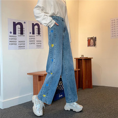 Real shot spring and summer new Korean retro loose straight high waist skinny jeans women's long pants fashion